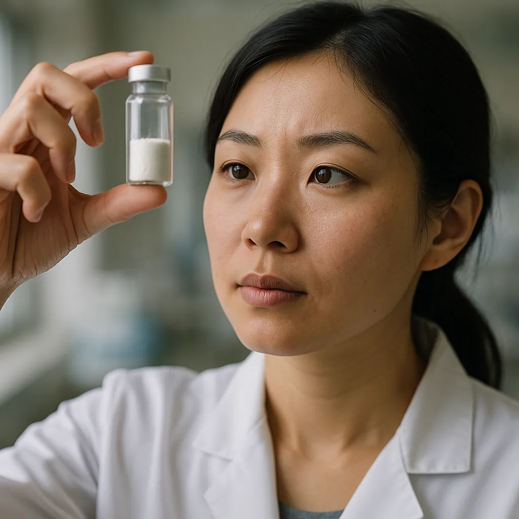 Chemist holding a glass peptide vial of lyophilised powder up to the light