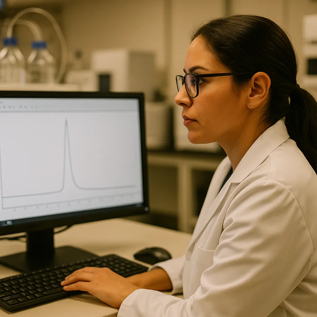 Analyst reviewing a chromatogram peak on a laboratory workstation